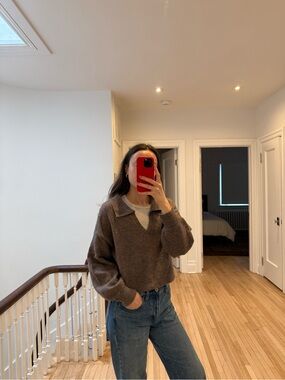 Dynamite wool Brown V‑Neck Collared polo Sweater
